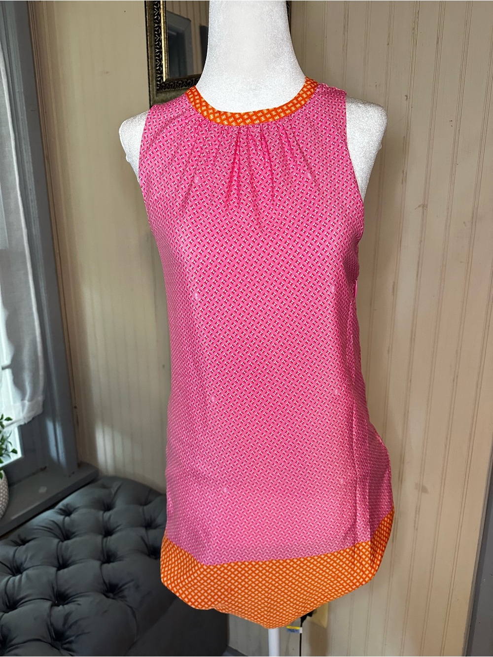 Juicy Couture Sleeveless Shift Dress Pink Orange Geometric Print Tie Back Size 0